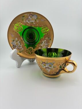 Green and Gold Floral Glass Teacup and Saucer Set